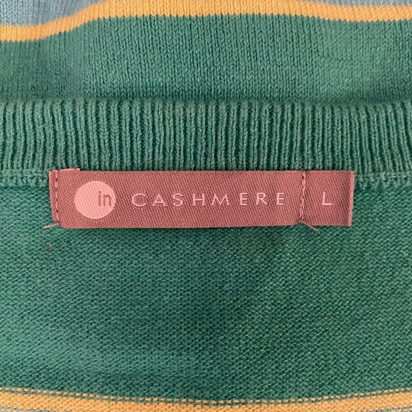 "Cashmere" brand woman's cardigan. Kelly green, sky blue stripes w/ yellow - Picture 2 of 3